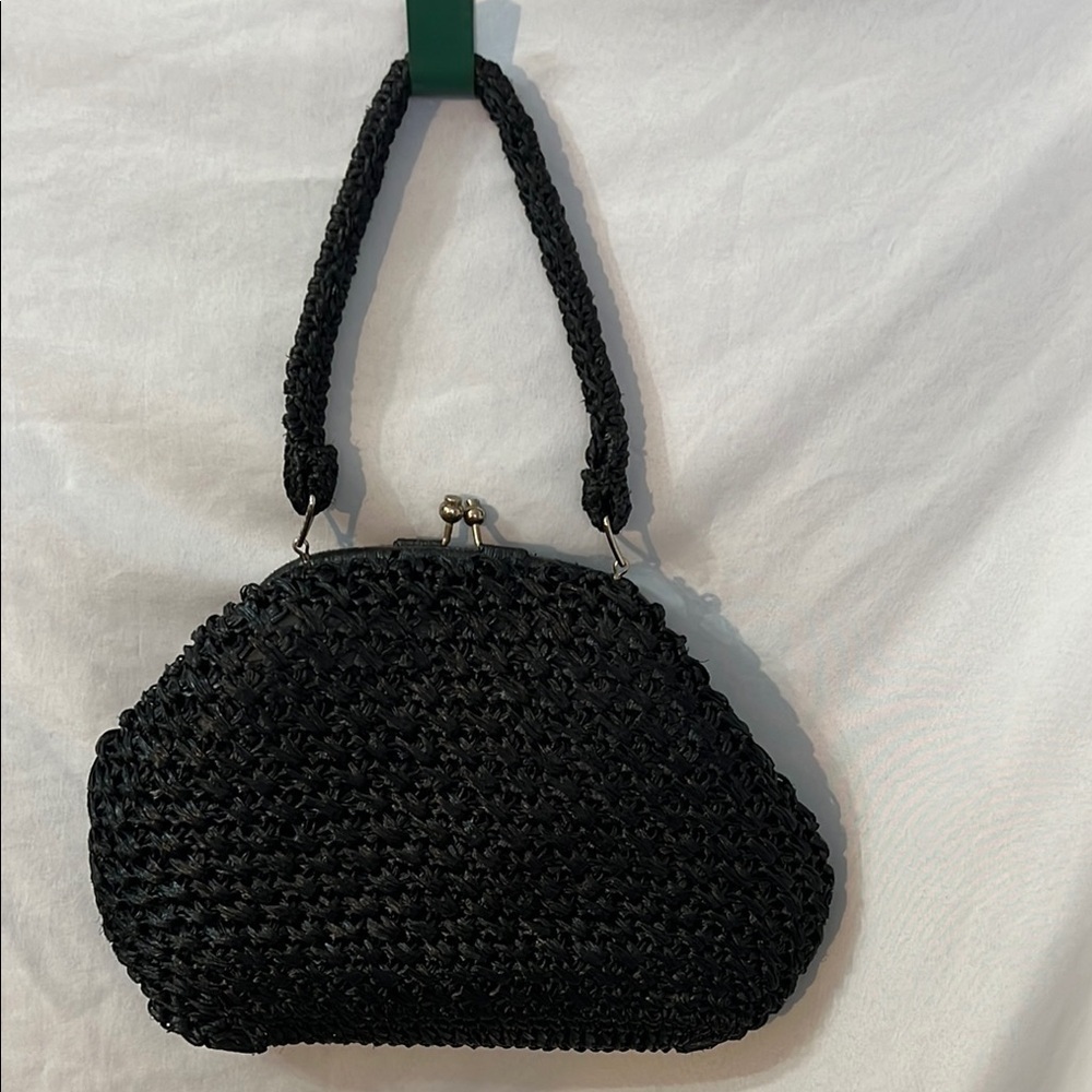 Vintage Elegant Black Straw Celephane Woven Handbag 1950s Made in Japan